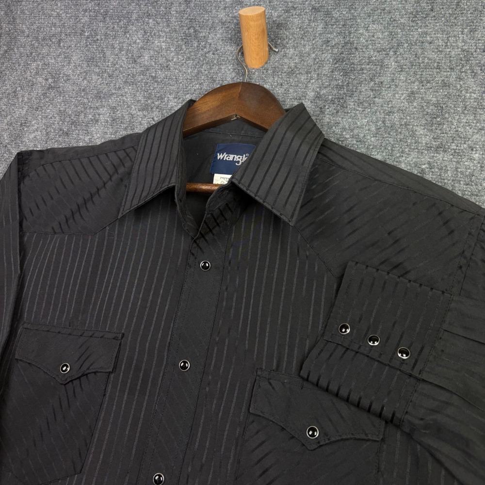 Wrangler Western Shirt Mens XL Black Tonal Satin Stripe Pearl Snap 75214BK